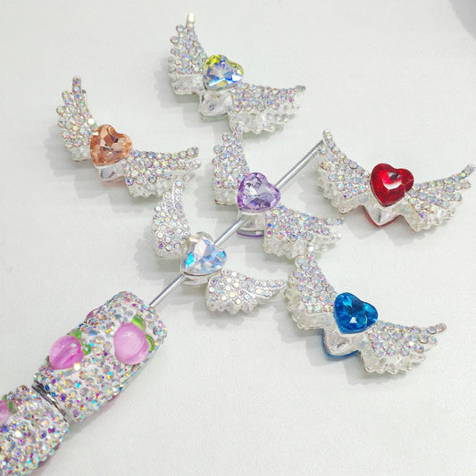 Angel Wing Alloy Beads with a Sparkling Rhinestone Heart, for Bead Pens